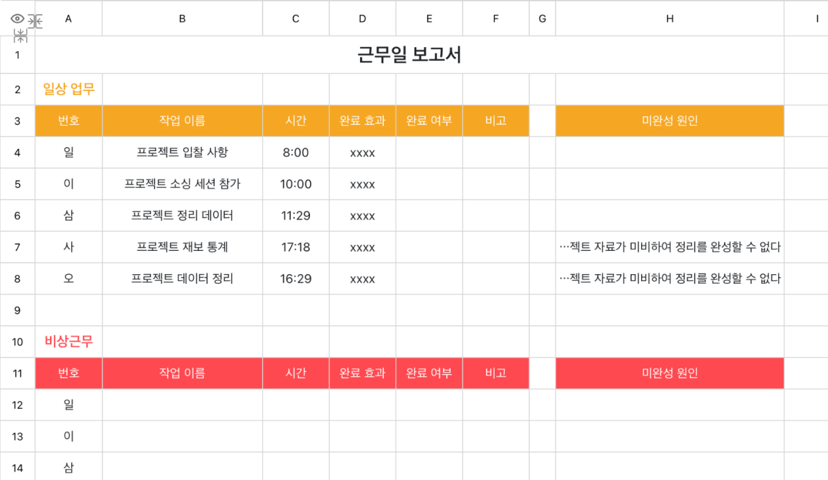 근무일 보고서 일반 템플릿